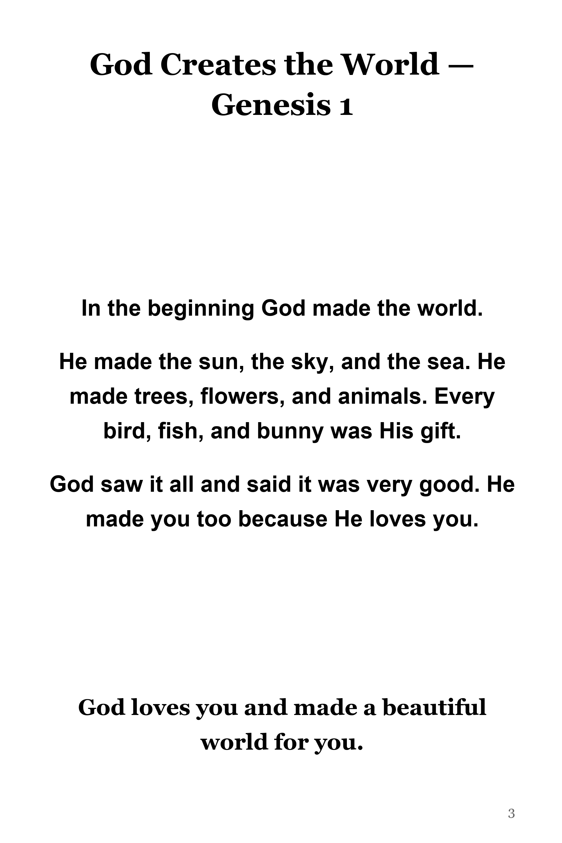 Sample interior page — God Creates the World coloring art